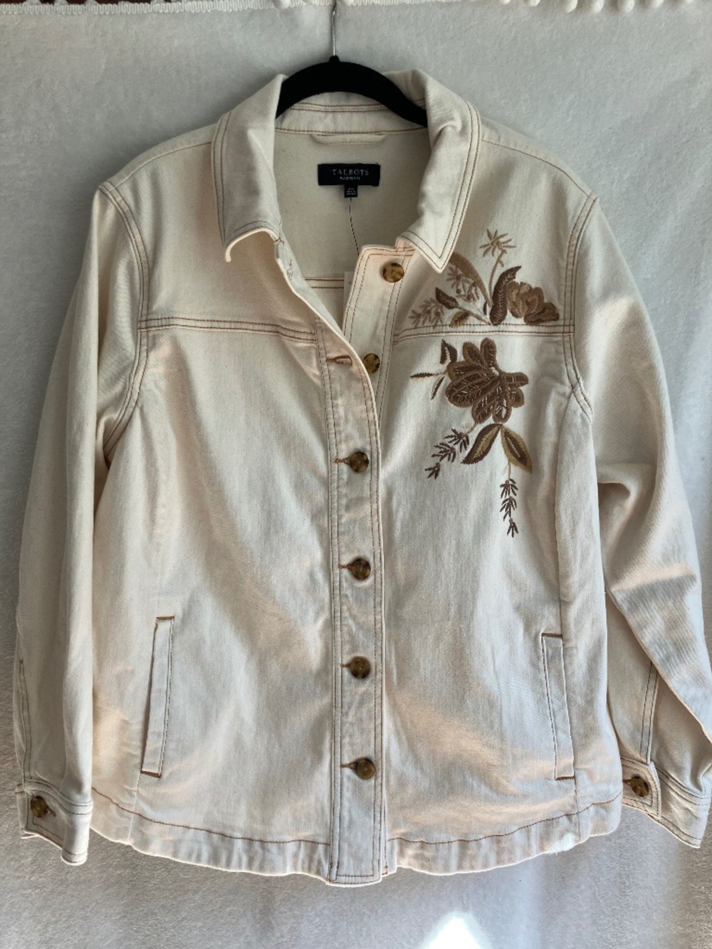 NWT Talbots Plus Petite 1XP Ivory Denim Jacket Floral Embroidered Stretch